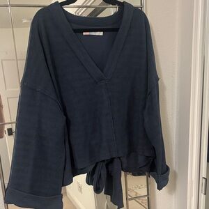 Free People Navy V-Neck Sweatshirt with Tie